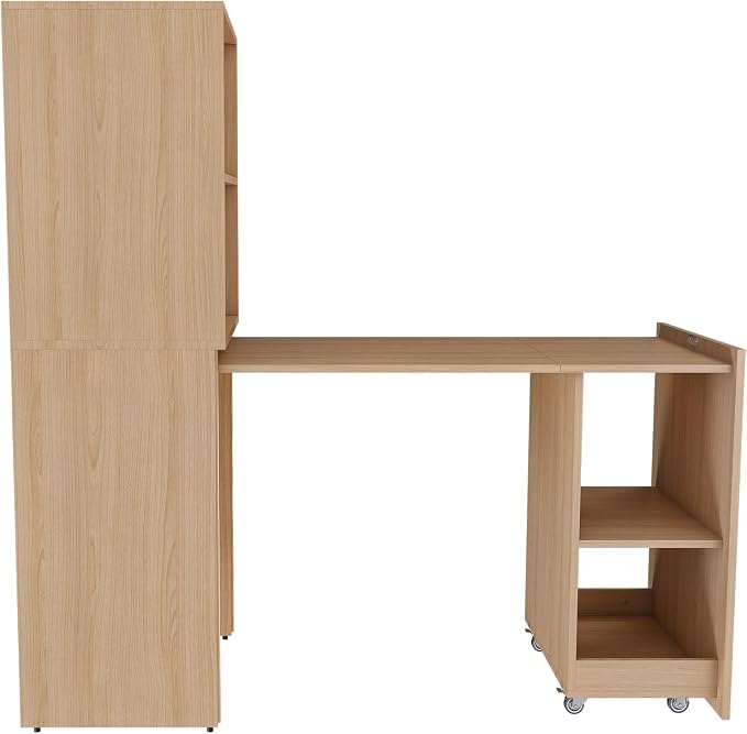 Foldable Expandable Desk Cabinet with Storage Shelves, Rolling Caster Base, Magnetic Closure, Retractable Workstation Unit for Small Spaces, Home Office Study Writing Table Organizer (Natural Wood)