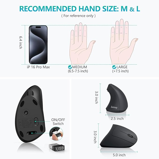 Ergonomic Mouse, LEKVEY Vertical Wireless Mouse - Rechargeable 2.4G Optical Vertical Mice : 3 Adjustable DPI 800/1200/1600 Levels 6 Buttons, for Laptop, Mac, PC, Computer, Desktop, Notebook etc, Black