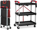 Folding Utility Service Cart, Collapsible Cart with Wheels, 3 Tier Rolling Utility Cart, Folding Cart with Wheels Collapsible, Service Cart for Tool, Grocery, Bar, Garage, Kitchen, Office