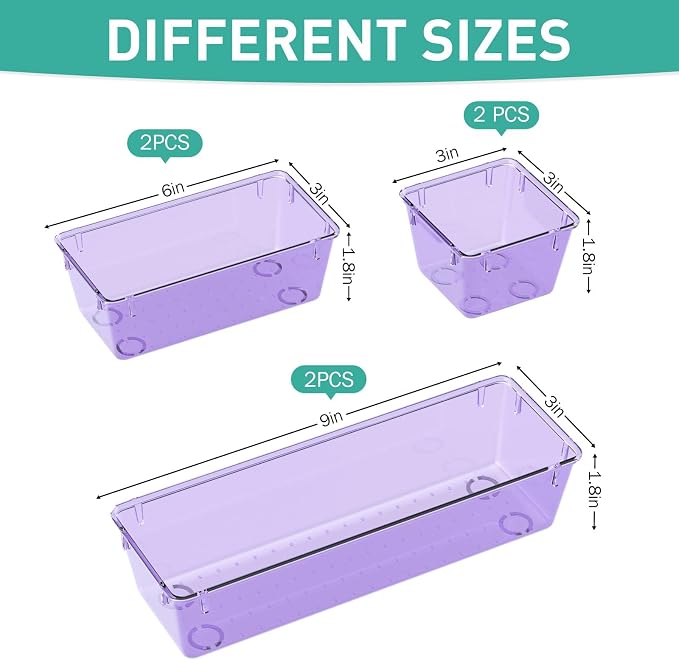 WOWBOX 9 Pack Clear Drawer Organizer Set, Acrylic Drawer Storage Trays, Storage Bins for Makeup, Cosmetics, Jewelries, Utensils, Gadgets, Office, Purple