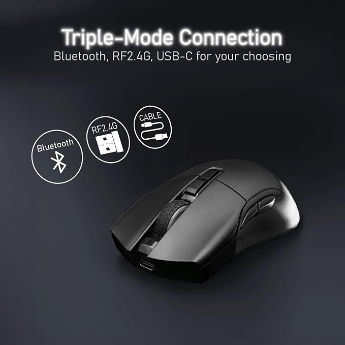 iRocks M31R Wireless Gaming Mouse, Triple Mode 2.4G/ Bluetooth/USB-C Detachable Cable Gaming Mouse, Kailh GM8.0 Mouse Switches, Advanced PixArt PAW3395 Optical Sensor, Up to 26,000 DPI - Black
