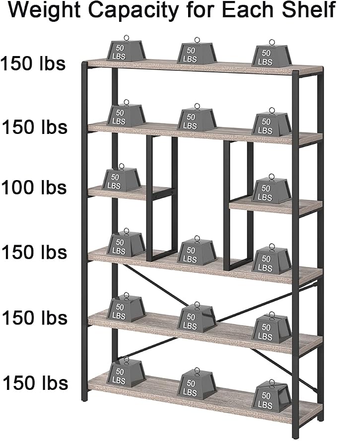 LVB Industrial 6 Tier Bookshelf, Large Tall Open Rustic Vintage Etagere Bookcase, Gray Big Wide Modern Farmhouse Wood and Metal Book Shelf for Home Bedroom Living Room Office Storage, Light Grey Oak