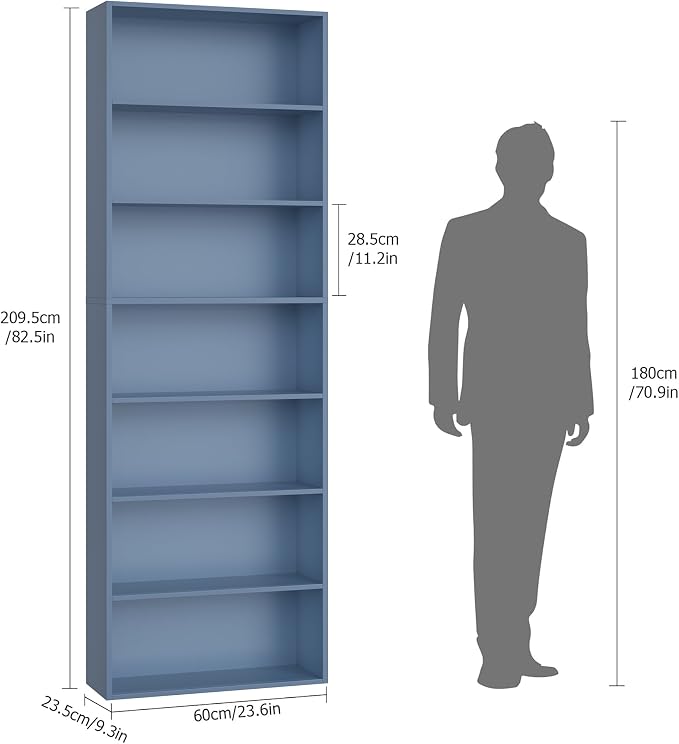 FACBOTALL 82" Tall Bookshelf, 7-Tier Open Shelves Bookcase, Freestanding Display Storage Shelves, Tall Bookcase Home Decor Furniture for Home Office, Living Room, Bedroom, Blue