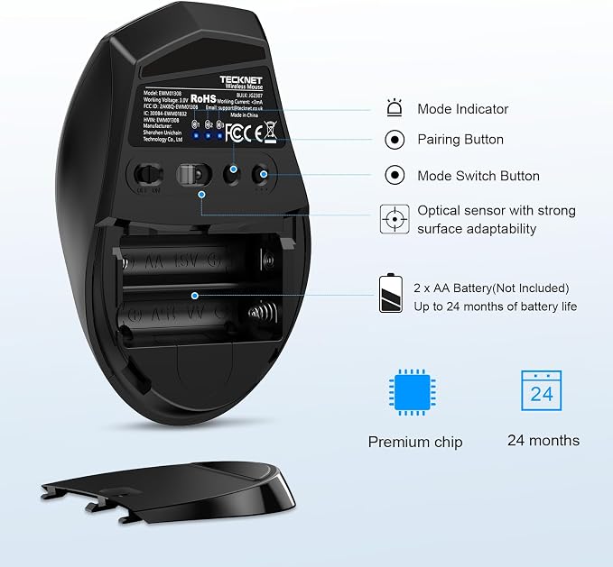 TECKNET 3-Device Bluetooth Mouse, Silent Wireless Mouse with 6-Level DPI up to 4800, 2-Year Battery, 6 Buttons for Wide Compatibility - Blue