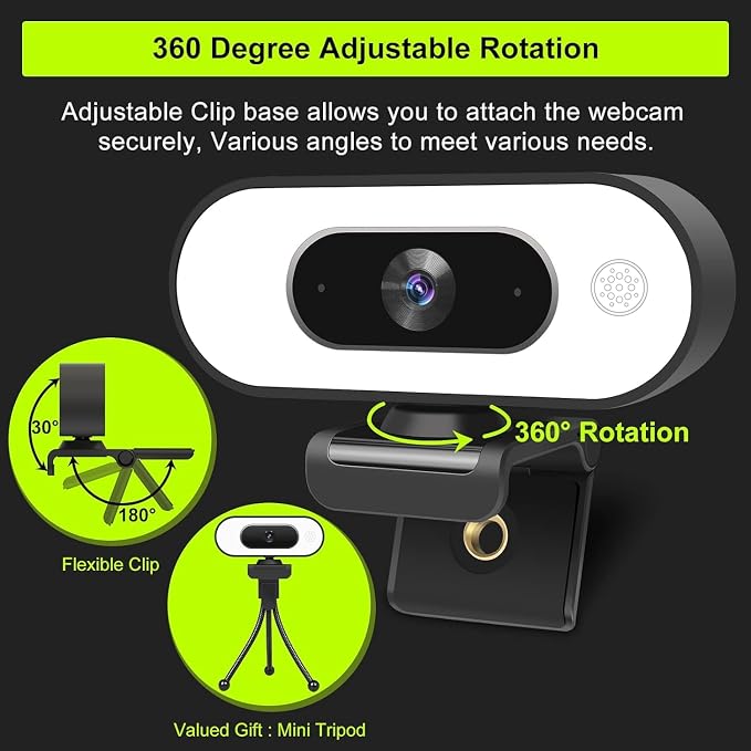 Webcam with Ring Light Microphone - Streaming Web Camera, 1080P Full HD Pro Camera for PC Mac Laptop Desktop, USB Computer Webcam with Privacy Cover and Tripod for Zoom Meeting Skype Teams Twitch