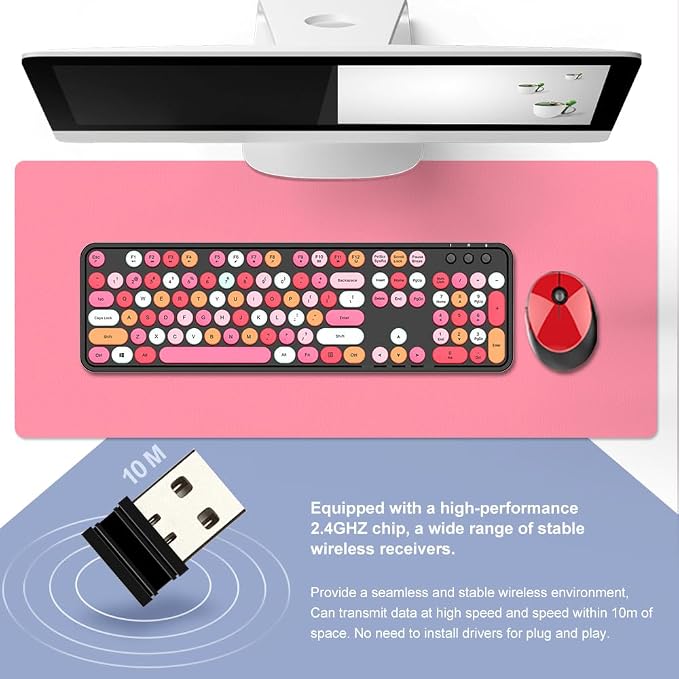 GTSP Colorful Wireless Keyboard and Mouse Combo, Cute Keyboard Retro Typewriter with Round Keycaps for Computer Laptop Desktops PC Mac 2.4GHz Dropout-Free Connection (Multicolor Black)