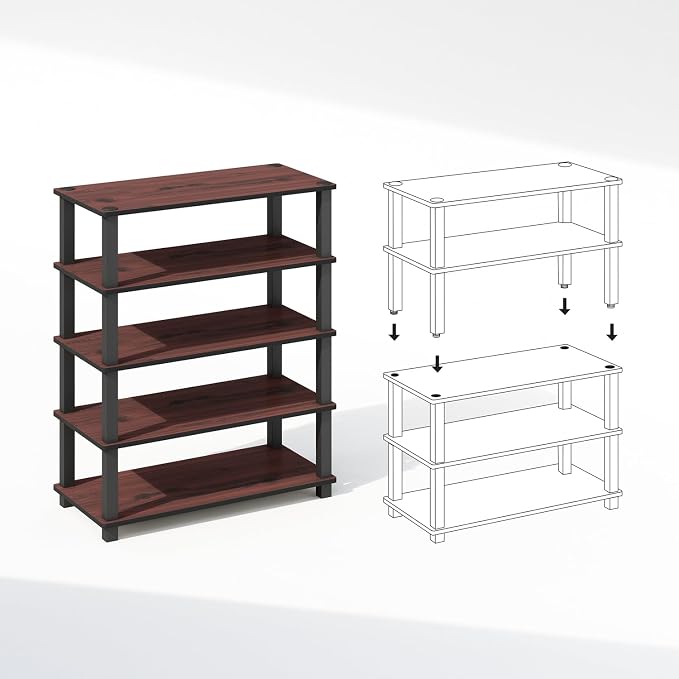 Furinno Turn-S-Tube Storage Shelves Set of 2, 3-Tier Stackable Standing Shelf, Open Corner Shelf, for Organization and Storage, Living Room, Garage, Home Office, Dark Cherry