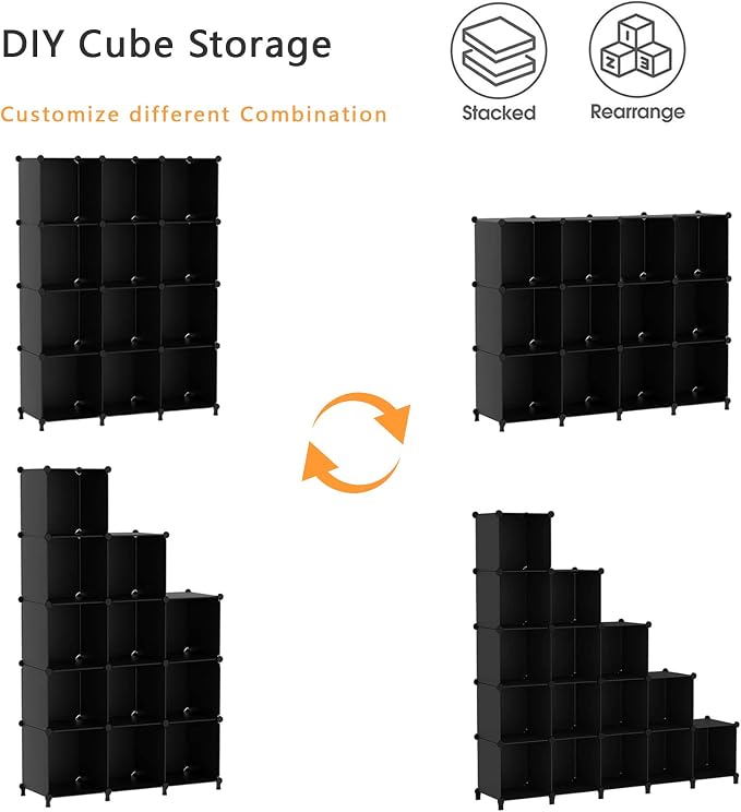 AWTATOS Cube Storage Organizer Closet Storage Shelves DIY Stackable Plastic Storage 12 Cube Bookshelf, Ideal Storage Organizer for Closet, Home, Bedroom, Black