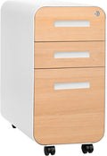 Laura Davidson Furniture Stockpile Slim 3-Drawer Mobile File Cabinet with Lock - Under Desk Metal Filing Cabinet, Legal/Letter File Folders, Wheels & Stationary Feet, Assembled, White/Wood Faceplate
