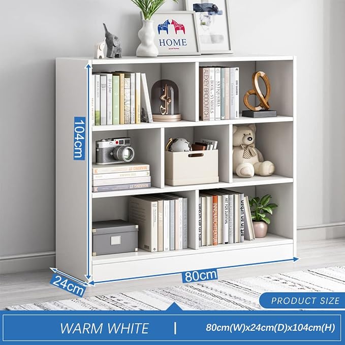 IOTXY Open Shelf Low Bookcase - Wooden 3-Tier Floor Standing Display Cabinet Organizer with Base, 7 Cubes Short Horizontal Bookshelf in Warm White
