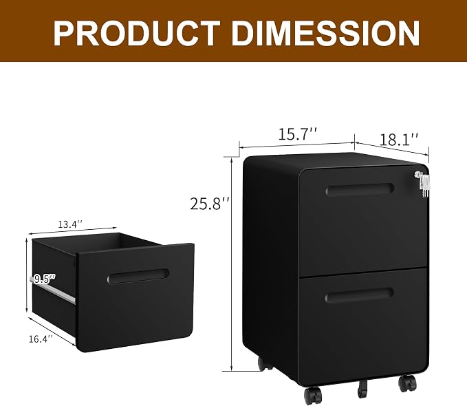 2 Drawer File Cabinet with Lock and 4 Keys, Mobile Metal Filing Cabinet, File Cabinets for Home Office, Under Desk, Pre-Assembly, File Drawer, Letter/Legal/A4 Hanging File Folders
