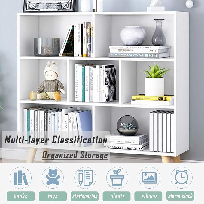IOTXY Wooden Open Shelf Bookcase - 3-Tier Floorstanding Display Cabinet Rack with Legs, 7 Cubes Free Standing Bookshelf, Warm White