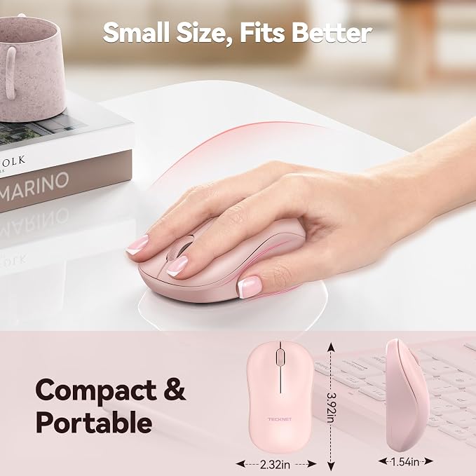 TECKNET Wireless Mouse for Laptop, 2.4G Silent Computer Mouse Quiet Click with 5 DPI Levels,Contoured Grip,Small Portable 30 Months Battery Cordless Mice for PC, Chromebook, Mac - Pink