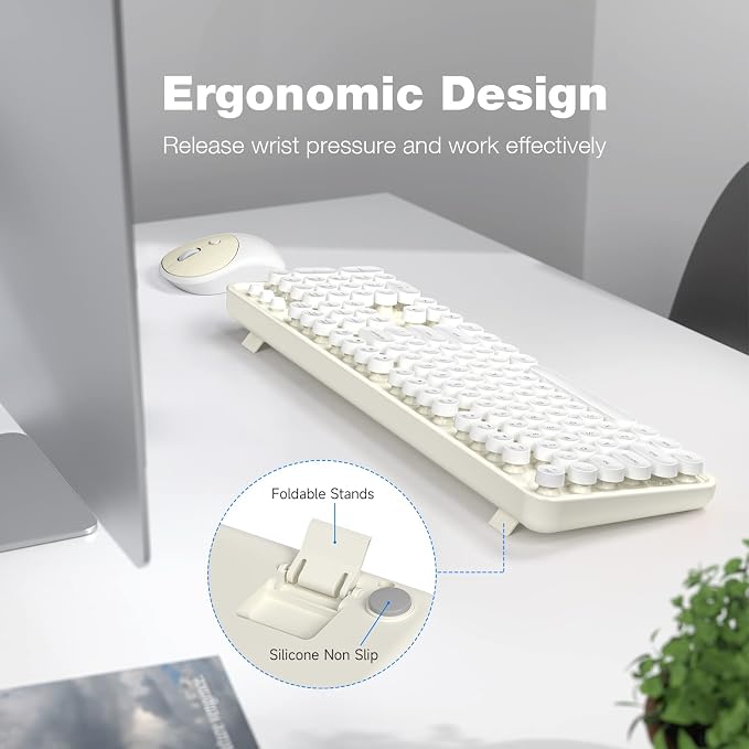 KNOWSQT Wireless Keyboard and Mouse Combo - White-Milky Full-Sized 2.4 GHz 104 Keys Typewriter Cute Keyboard, Round Keycap and Optical Mouse for Windows, Computer, PC, Laptop, Desktop