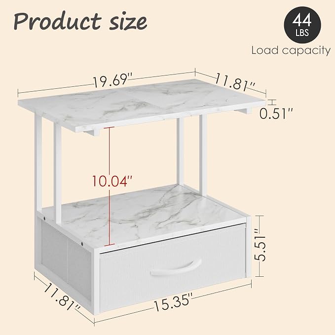 Masupu Printer Stand for Desk, Printer Table with Fabric Storage Drawer, 2 Tier Desktop Shelf, Multi-Purpose Desk Organizer for Home Office, 3D Printer, Fax Machine, Scanner, Marble White