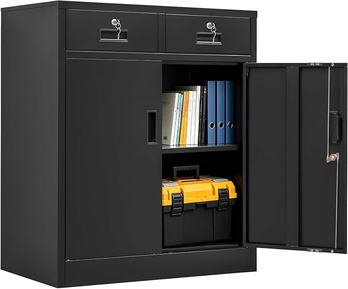 CJF Metal Storage Cabinet, Locking Cabinet with Adjustable Shelf and 2 Drawers, Metal Cabinets for Office, Home, Garage 36" H x 32" W x 16" D (Black)