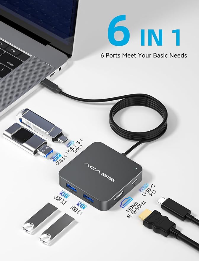 USB C Hub Long Cable 4FT 10Gbps, Multiport Adapter with 4K 60Hz HDMI, 100W Power Delivery, 3 USB A3.1+1 USB-C 3.1 Data Port, USB C to HDMI Adapter for MacBook, Dell, Lenovo, Surface, iPad PRO