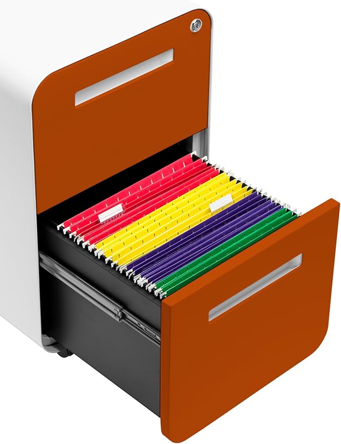 Laura Davidson Furniture Stockpile 2 Drawer Mobile File Cabinet with Lock - Under Desk Metal Filing Cabinet, Legal/Letter File Folders, Wheels and Stationary Feet, Pre-Assembled, White/Orange