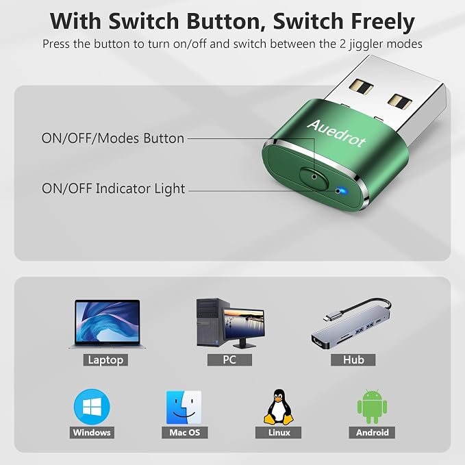 AUEDROT Mouse Jiggler Undetectable Metal USB Mouse Mover with Switch Button, Automatic Mini Mouse Shaker with 2 Jiggle Modes, Driver-Free, Plug and Play, Keep Computer/Laptop Awake, Green, 2 PCS