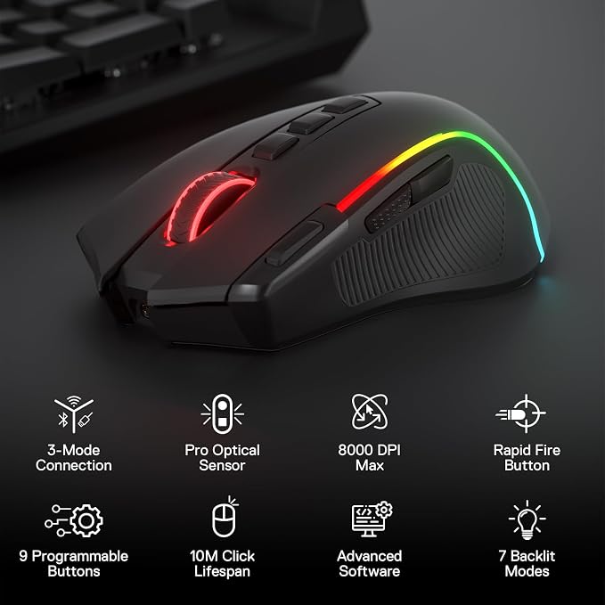 Redragon M612 PRO RGB Gaming Mouse, 8000 DPI Wired/Wireless Optical Mouse with 9 Programmable Buttons & 7 Backlit Modes, BT & 2.4G Wireless, Software Supports DIY Keybinds Rapid Fire Button