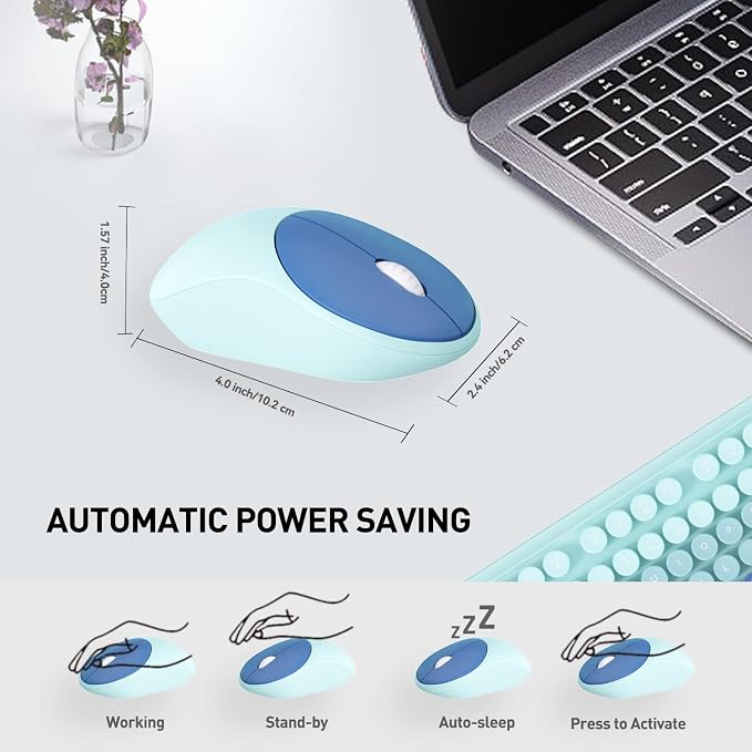 Wireless Keyboards Mouse Combos, Colorful Cute Typewriter Full-Size Retro Round Keycaps, 2.4GHz Cordless Connection Sleep Mode Office Wireless Keyboard and Mouse Set for Desktop Laptop PC Computer