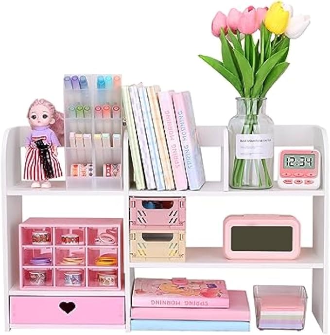 Cute Bookshelves Cute Bookshelf for Desk Kawaii Desk Organizer with Drawer Office Desk Organizers and Accessories Storage Home Decor Display (Pink)