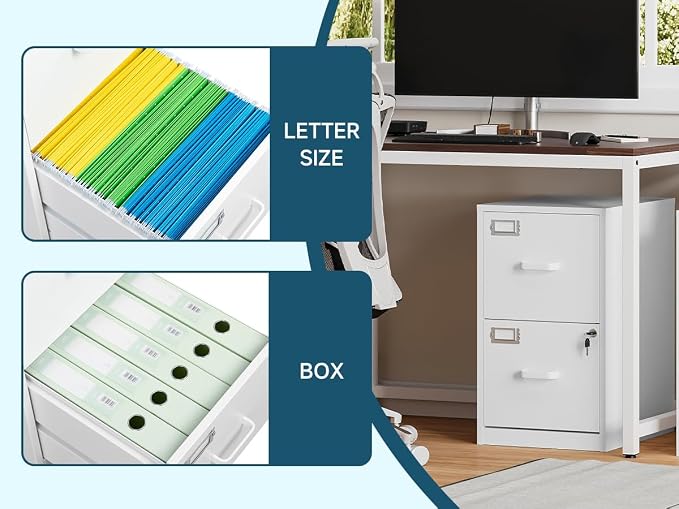 MIIIKO 2 Drawer Filing Cabinet with Lock, Metal Vertical File Cabinets for Home Office, Lockable File Storage Cabinets Under Desk, Letter/A4 File Folders Storage（White-Assembly Required