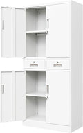 Wanfu Metal Storage Cabinet, Locking Storage Cabinet with Adjustable Shelves and 2 Drawers, 16" D x 32" W x 71" H Steel Cabinets for Office, Garage, Home, Classroom, Utility Room(White)