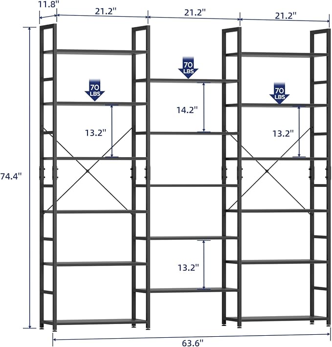 NUMENN Triple Column 6 Tier Bookshelf, Bookcase with 17 Open Display Shelves, Adjustable Rustic Industrial Style Book Shelves, Modern Bookshelves for Bedroom, Living Room and Home Office, Black