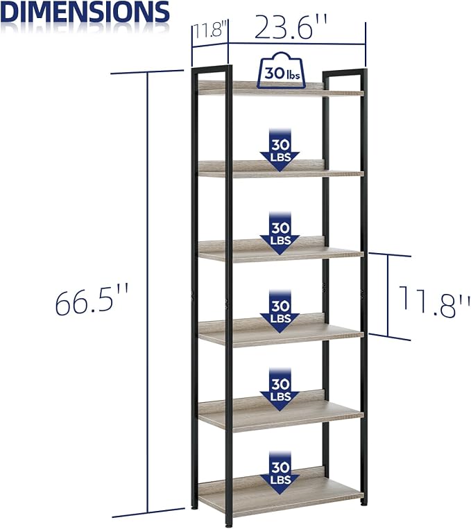 NUMENN Bookshelf, 6 Tier Bookshelves, Home Office Bookcase Shelf Storage Organizer, Free Standing Storage Shelving Unit for Bedroom, Living Room and Home Office, Grey