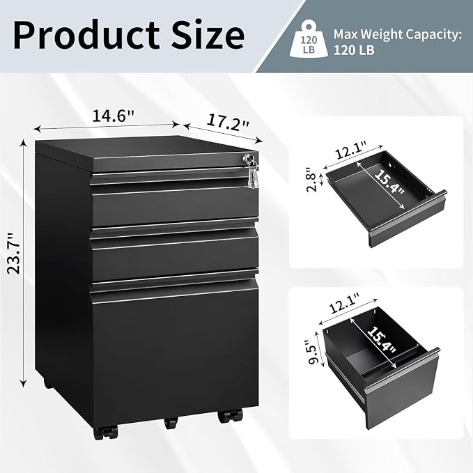 Guizeeopo Filing Cabinets for Home Office, Mobile File Cabinet with Lock, 3 Drawer Filing Cabinet for A4/Letter/Legal Size Folder, Fully Assembled Except Casters, Matte Black