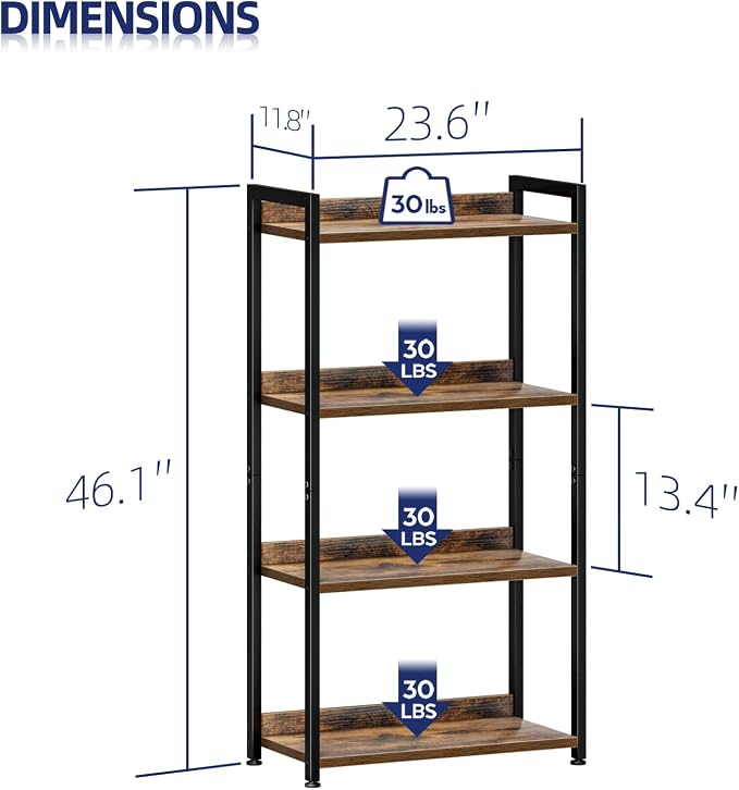 NUMENN Bookshelf, 4 Tier Bookshelves, Home Office Bookcase Shelf Storage Organizer, Free Standing Storage Shelving Unit for Bedroom, Living Room and Home Office, Vintage