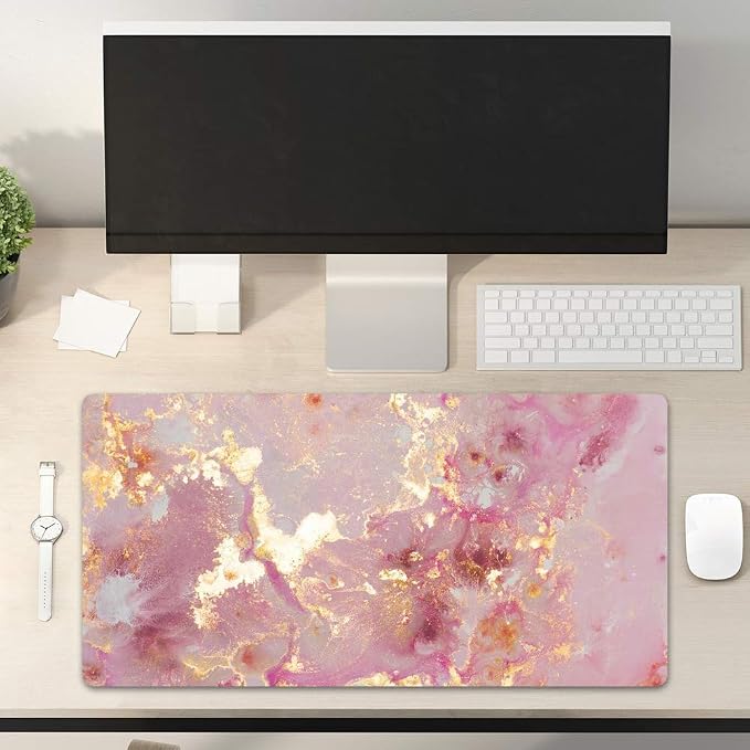 QIYI Large Mouse Pad, Cute Pink Desk Mat for Desktop, Women Girls PU Leather Desk Pad Waterproof Gaming Mousepad, Rose Gold Marble Computer Protector Writing Pad for School Office Home 31.5" x 15.7"