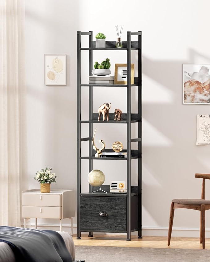 Furologee 6 Tier Bookshelf, Tall Shelf with Drawer, Wood and Metal Bookshelves Storage Organizer, Industrial Display Shelving Unit for Bedroom, Living Room, Home Office, Black Oak