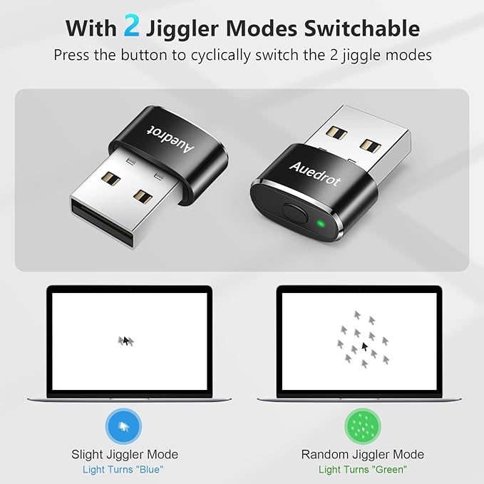 AUEDROT Mouse Jiggler Undetectable Metal USB Mouse Mover with Switch Button, Automatic Mini Mouse Shaker with 2 Jiggle Modes, Plug and Play, Keep Computer/Laptop Awake, Black, 2 PCS