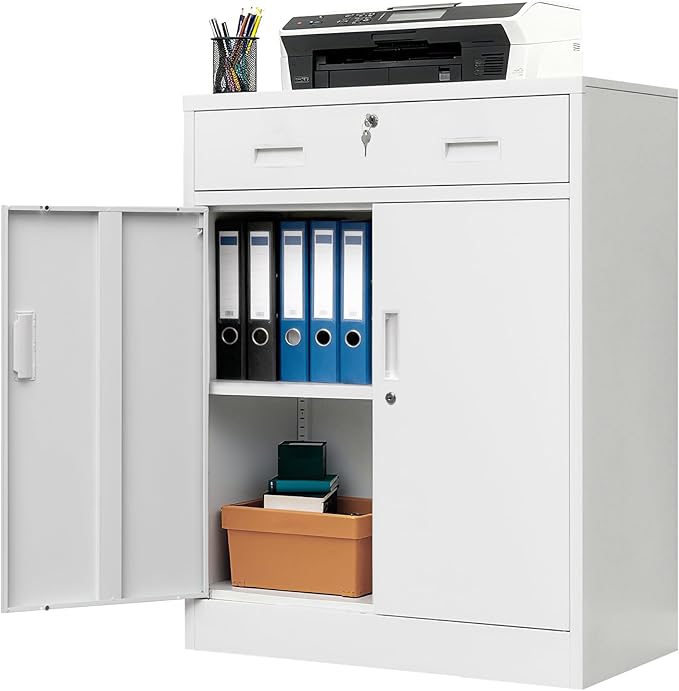 CMY Metal Storage Cabinet, Locking Storage Cabinet with 1 Drawer and Adjustable Shelf, 36.2" H x 28" W x 16" D Metal Cabinet for Office, Garage, Home-White