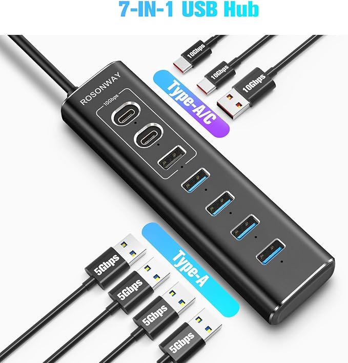Powered USB Hub, Rosonway 7-Port USB 3.2/USB C Hub with 10Gbps USB-A 3.2, 2 USB-C 3.2, 4 USB 3.0 Ports, Individual Switches and 12V Power Adapter, Aluminum USB Port Expander for Laptop/PC, RSH-A107C