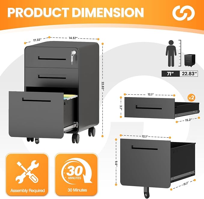 3 Drawer File Cabinet, Fully Assembled Mobile File Cabinets with Lock for Home Office, Metal Rolling Filing Caninet on Wheels, Three Drawer Under Desk Cabnet for Letter/Legal / A4 - Black