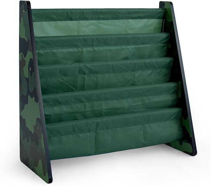 Humble Crew 4-Tier Kids Bookshelf, Camo Wood/Green - Premium Book Shelf for Kids Rooms with Four Deep Pockets - Toddler Sling Book Rack with Deep Sleeves, Nursery Bookcase Organizer