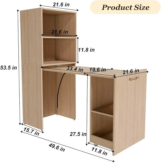 LUMISOL Multi-Function Folding Out Desk with Storage Shelves for Home & Office, Hidden Desks with Mobile Wheels, Pull Out Home Office Desk for Small Spaces, Natural Wood
