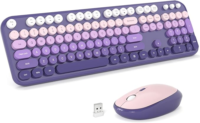 MOFII Wireless Keyboard and Mouse Combo, Full Size 2.4G Retro Round Computer Keyboard and Mouse Set, Plug and Play, for Windows, Computer, Desktop, PC, Notebook - (Purple Gradient)