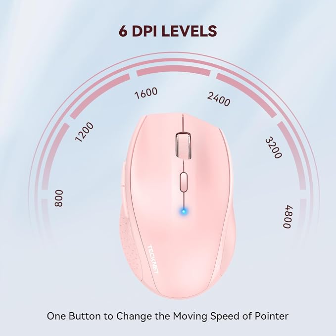 TECKNET Bluetooth Mouse, 4800 DPI Wireless Mouse, 2-Year Battery 6 Adjustable DPI, 6 Buttons Compatible with Laptop/Windows/Computer - Pink