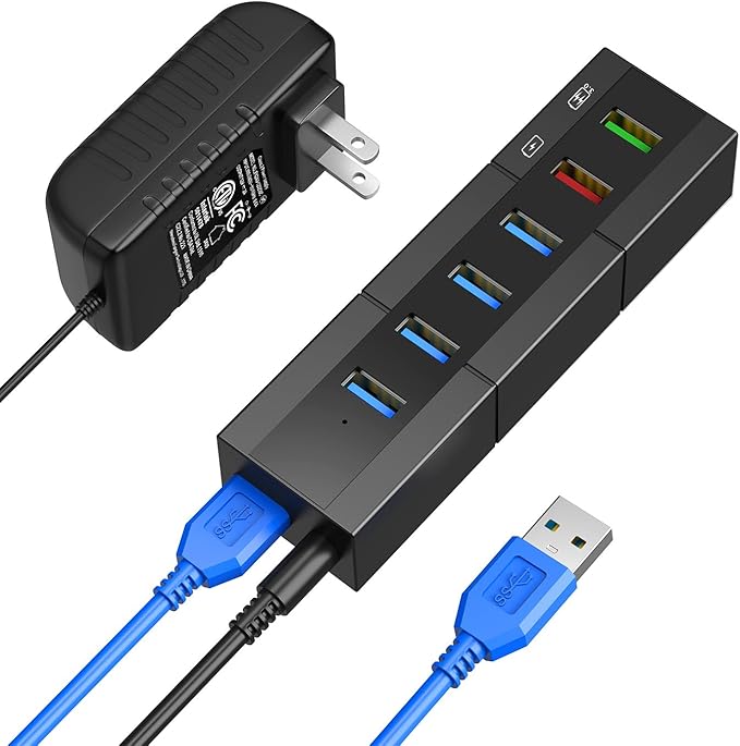 Powered USB 3.0 Hub, RAOYI 6 Ports High Speed USB 3.0 Hub Splitter with 24W Power Adapter, 3.3ft Cable and Smart Fast Charger USB Hub for Laptop, PC, Mac, Mobile HDD, Mulitple Devices (Black)