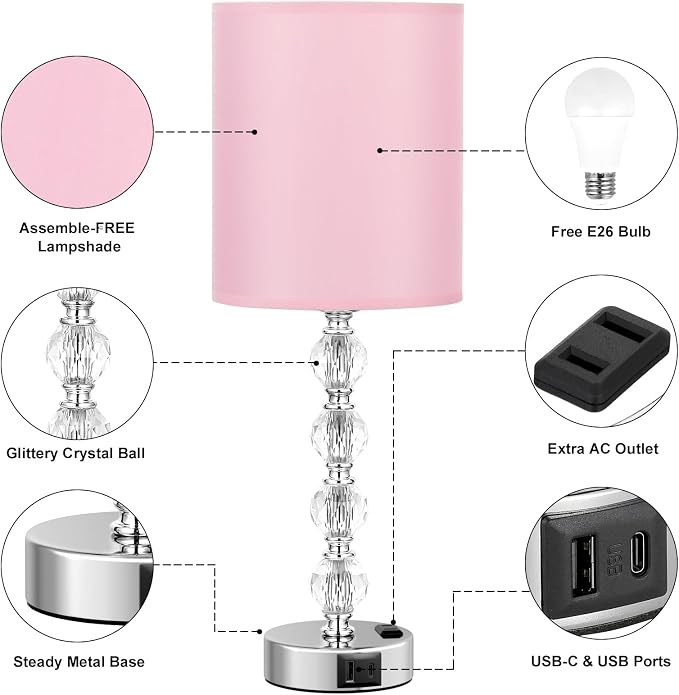 Touch Bedside Crystal Lamps for Bedrooms Nightstand with USB C+A Charging Port and AC Outlet White, 3 Way Dimmable Silver Large End Side Table Lamp for Living/Guest/Dinning Room/Kitchen