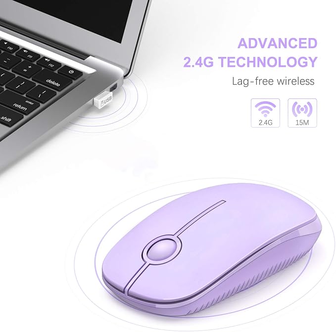 VssoPlor Wireless Mouse, 2.4G Slim Portable Computer Laptop Mouse with Nano Receiver Quiet Silent Optical Mice for Notebook, PC, Laptop, Computer-Light Purple