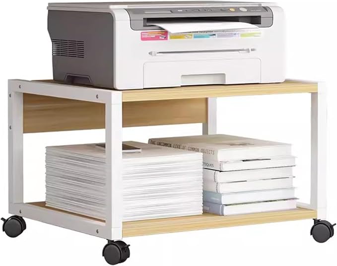 2 Tiers Rolling Under Desk Printer Stand,Office Movable Printer Desk with 4 Wheels & Lock Mechanism,Heavy Duty Storage Rack for Office and Home(Internal Height 25cm(9.8in), Natural)