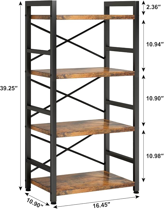 Homeiju Bookshelf, 4 Tier Small Bookcase, Organizers and Storage, Metal Small Bookcase, Rustic Book Shelf Organization and Storage for Living Room, Bedroom, and Home Office(Rustic Brown)