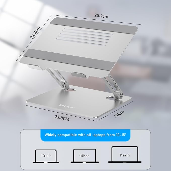 BoYata Laptop Stand, Adjustable Laptop Riser with Slide-Proof Silicone and Protective Hooks, Aluminum Notebook Stand for Laptop up to 15 Inches, Laptop Holder Compatible for MacBook (Silver-2)