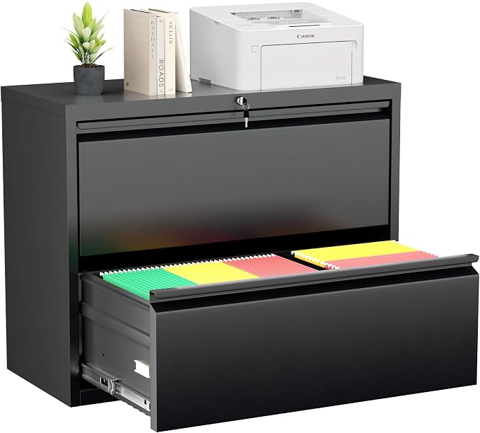 Greenvelly 2 Drawer File Cabinet, Black Lateral File Cabinet with Lock,Metal Filing Cabinet for Home Office, Lockable File Cabinets for Legal/Letter/A4/F4 Size with Hanging Files&Key