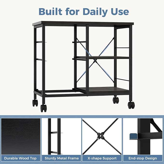 DUMOS 3 Drawer Mobile File Cabinet, Freestanding Fabric Lateral Filing Cabinet Fits A4/Letter Size, Space Saving Rolling Printer Stand with X-Frame and Open Storage Shelf for Home Office, Modern Black